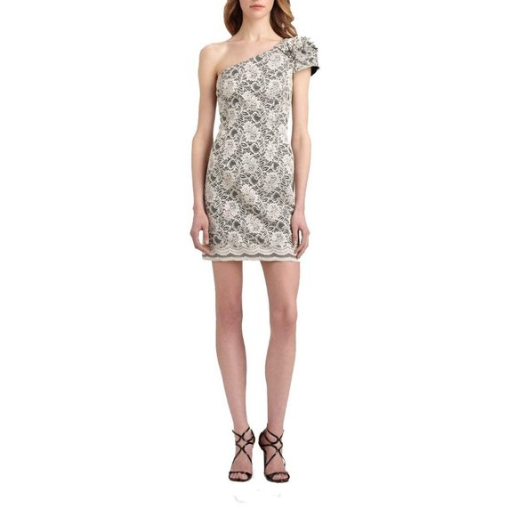 ABS Allen Schwartz NWT One Shoulder Dress Lace Rosette Rose 6 8 10 - Picture 1 of 3
